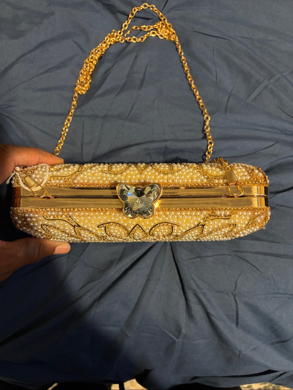 Gold Pearl & Crystal Floral Evening Clutch with Chain Strap - Picture 2 of 6